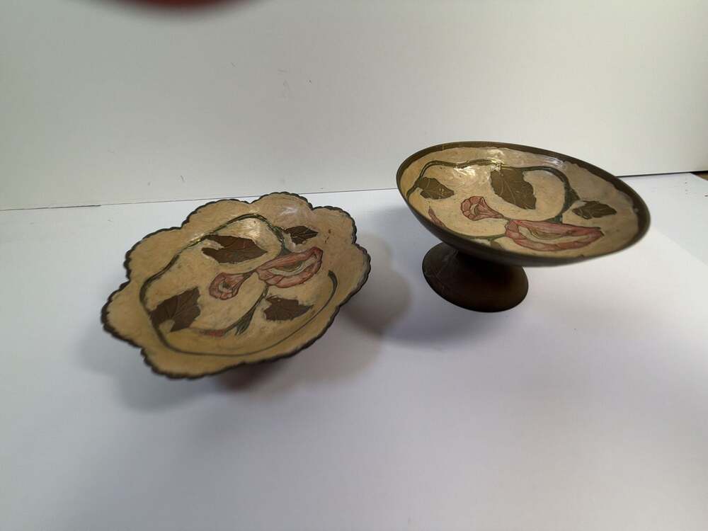 Vintage Brass and Enamel Floral Pedestal Bowl and Scalloped Dish Set